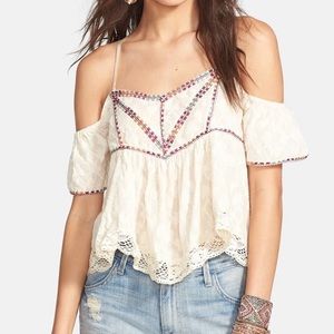 Free People Chicka Chicka Boom Boom embroidered off shoulder crop top